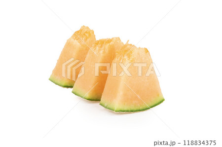 Cantaloupe slices isolated on white background. Cantaloupe slices isolated on white background. 118834375