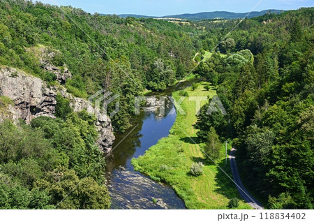 Beautiful summer landscape with river, forest, sun and blue skies. Natural colorful background. Jihlava River-Biskoupky,, Czech Republic - Europe. 118834402