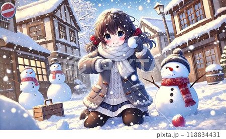 雪の街で雪遊びを楽しむ少女と雪だるまのアニメイラストのイラスト素材