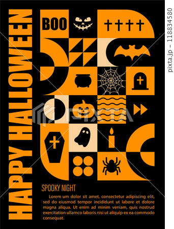 Halloween card. Neo geometric pattern. Modern abstract background with orange simple shapes, pumpkins and ghosts. Vector illustration in bauhaus minimalist style. October holiday. Spooky night Halloween card. Neo geometric pattern. Modern abstract background with orange simple shapes, pumpkins and ghosts. Vector illustration in bauhaus minimalist style. October holiday. Spooky night 118834580