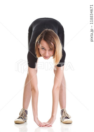 Sport Young woman doing exercise isolated on white 118834671