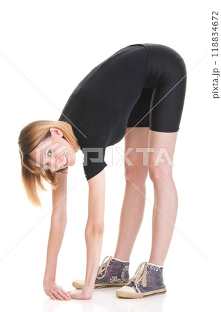 Sport Young woman doing exercise isolated on white Sport Young woman doing exercise isolated on white 118834672