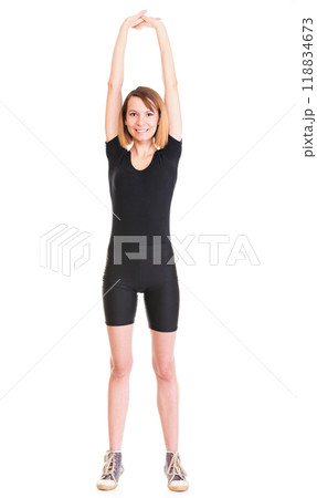 Sport Young woman doing exercise isolated on white 118834673