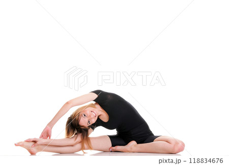 Sport Young woman doing exercise isolated on white 118834676