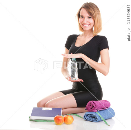 Caucasian young woman weight scale isolated white 118834685