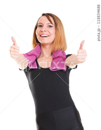Portrait of successful winner Beautiful young happy woman isolated Portrait of successful winner Beautiful young happy woman isolated 118834686