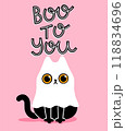 Cute hand drawn black cat ghost. Funny Halloween greeting card template with cartoon black cat and Boo to you lettering. Happy Halloween vector Illustration. 118834696
