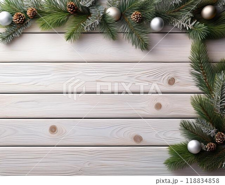 木の板の上に置かれたクリスマスツリーの背景 118834858