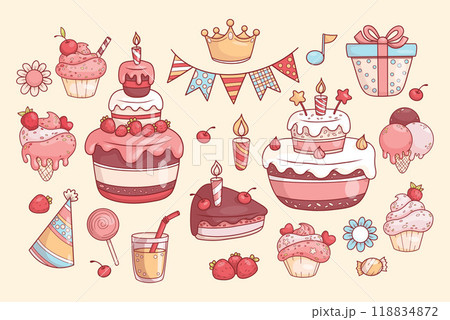 Holiday and party collection. Isolated Multi-tiered festive cake with candles and strawberries, cupcakes, gift, ice cream, crown, garland of flags and glass of lemonade. Vector illustration Holiday and party collection. Isolated Multi-tiered festive cake with candles and strawberries, cupcakes, gift, ice cream, crown, garland of flags and glass of lemonade. Vector illustration 118834872