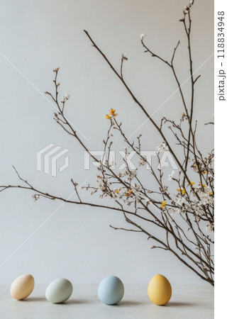 Colorful eggs arranged with blooming branches on a minimalistic countertop in springtime 118834948