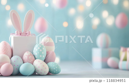 Colorful Easter decorations with a bunny figurine and pastel eggs on a blue background 118834951