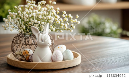 Easter decorations featuring a ceramic bunny with colorful eggs and a flower arrangement on a table 118834952