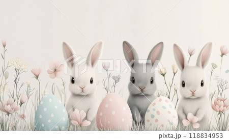 Cute rabbits and decorative eggs among flowers in a springtime garden setting 118834953