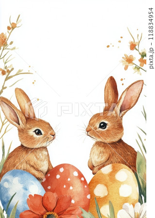 Two cute bunnies surrounded by colorful Easter eggs and flowers in a spring setting 118834954