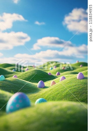 Lush green hills with dew-covered spherical shapes under a vibrant blue sky shimmering in daylight 118834955