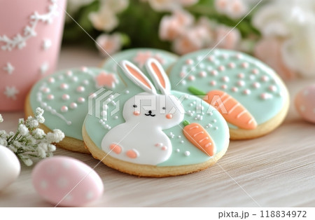 Beautifully decorated bunny-shaped cookies for a festive spring celebration or Easter gathering 118834972