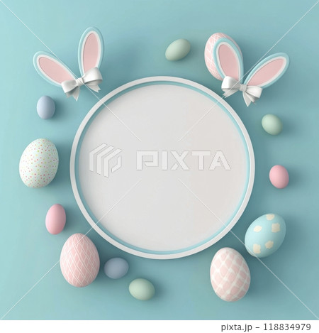 Colorful Easter-themed decoration featuring a bunny ear frame and pastel eggs on a blue background 118834979