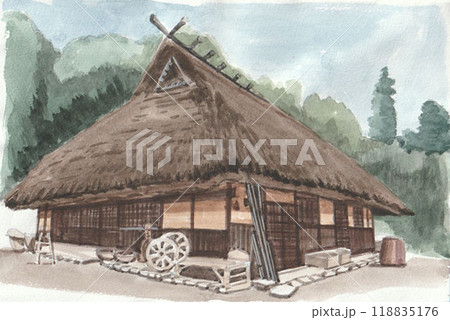 水彩で描いた合掌造りの家 水彩で描いた合掌造りの家 118835176