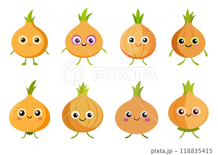 Cartoon Onion in kids drawing style, flat design simple shapes, isolated on white background 118835415