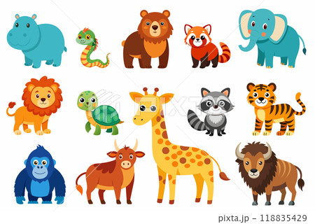 Wild animals in kids drawing style vector set isolated on white 118835429