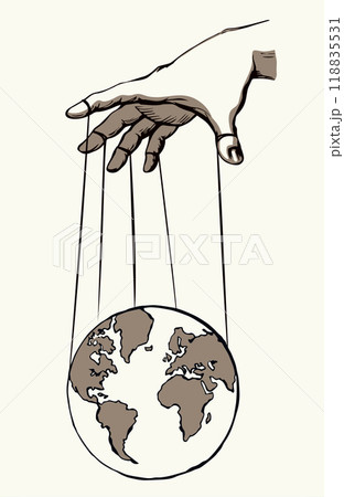 Man hand with a World map. Vector drawing concept Man hand with a World map. Vector drawing concept 118835531