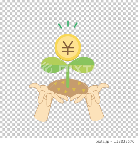 コインが乗っている新芽を持つ両手のカラーイラスト コインが乗っている新芽を持つ両手のカラーイラスト 118835570
