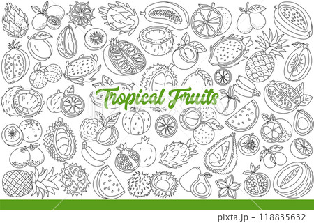 Tropical fruits growing on exotic palm trees in hot climate of southern islands. Hand drawn. Tropical fruits growing on exotic palm trees in hot climate of southern islands. Hand drawn. 118835632