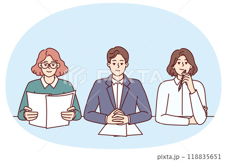 Business people from recruiting company conducting interview sitting at table in office 118835651