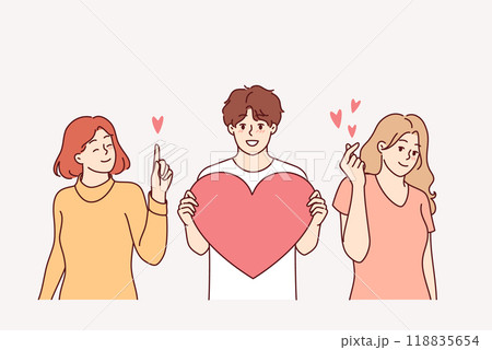 Love triangle between man with big heart and two girlfriends vying for attention of attractive guy 118835654