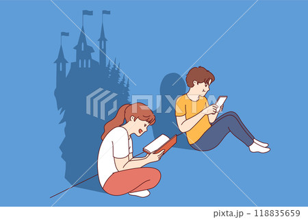 Girl develops imagination by reading book, sitting near little boy suffering from digital addiction Girl develops imagination by reading book, sitting near little boy suffering from digital addiction 118835659