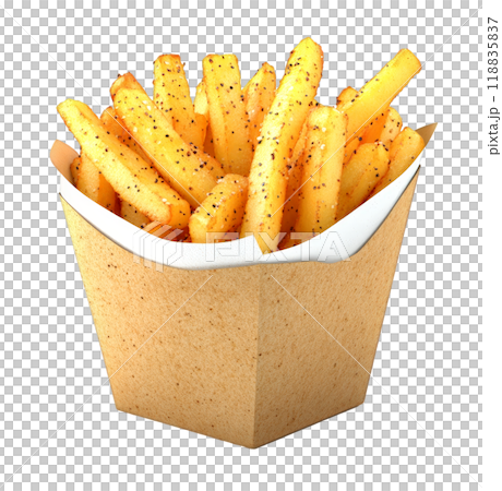 A paper container filled with crispy, golden French fries, sprinkled with black pepper, is showcased on a transparent background. 118835837