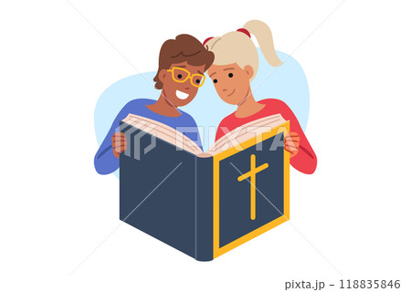 Childrens bible in hands of little boy and girl studying christian literature about catholic faith 118835846