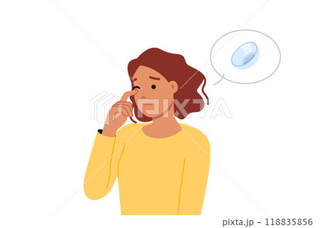 Woman uses contact lenses and feels discomfort due to dry eyes or allergy to ophthalmic fluid 118835856