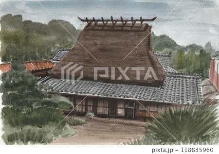 水彩で描いたかやぶきの家 118835960
