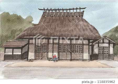 水彩で描いたかやぶき屋根の家 118835962