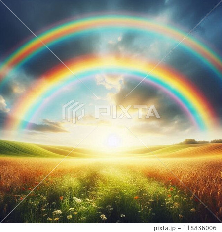 草原の夕日に二重虹 草原の夕日に二重虹 118836006