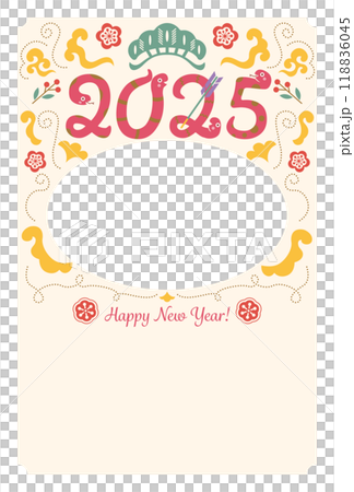 A cute and pop New Year's card with the number 2025 designed with a snake A cute and pop New Year's card with the number 2025 designed with a snake 118836045