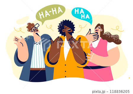 Laughing people who hear joke or satirical phrase from boss demonstrate positive mood and jubilation 118836205