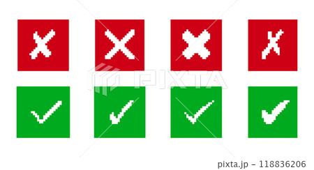 Pixel Green Check Marks and Red X icons Set in Squares. Correct and Wrong Indicators. Success and Failure Sign. Isolated Vector Illustration Pixel Green Check Marks and Red X icons Set in Squares. Correct and Wrong Indicators. Success and Failure Sign. Isolated Vector Illustration 118836206