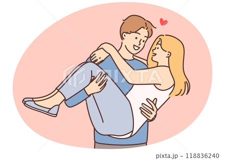 Smiling man carry in hands happy woman 118836240