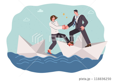 Business assistance for woman on sinking paper ship, from man specializing in crisis management Business assistance for woman on sinking paper ship, from man specializing in crisis management 118836250