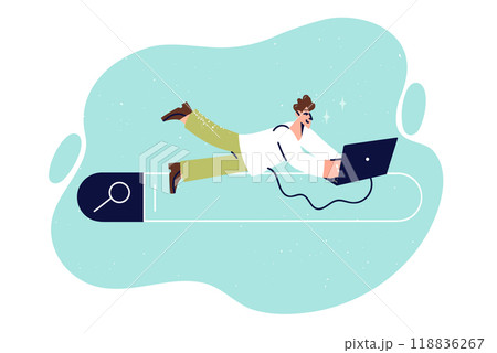 Man internet user lies on search bar of browser, and uses laptop to surf cyberspace Man internet user lies on search bar of browser, and uses laptop to surf cyberspace 118836267