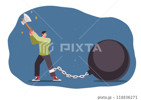 Attempt to get freedom from weight chained to leg, from man using axe, thanks to ambition Attempt to get freedom from weight chained to leg, from man using axe, thanks to ambition 118836271