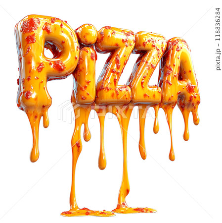 The word "PIZZA" is crafted from melted, dripping cheese, forming a visually appetizing image. The word "PIZZA" is crafted from melted, dripping cheese, forming a visually appetizing image. 118836284