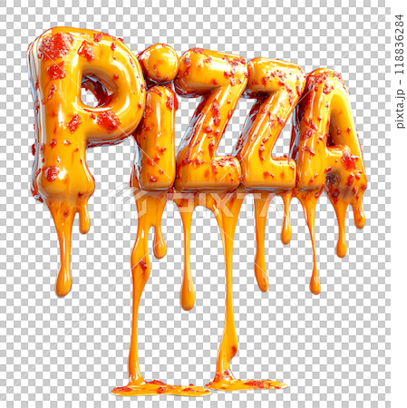 The word "PIZZA" is crafted from melted, dripping cheese, forming a visually appetizing image. The word "PIZZA" is crafted from melted, dripping cheese, forming a visually appetizing image. 118836284
