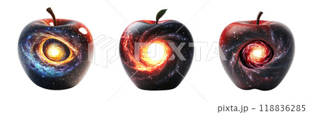 Three apples, each revealing a different cosmic phenomenon within their cores, create a captivating and thought-provoking image. 118836285