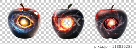 Three apples, each revealing a different cosmic phenomenon within their cores, create a captivating and thought-provoking image. 118836285