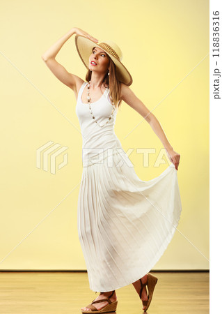 Woman in straw summer hat white dress Woman in straw summer hat white dress 118836316