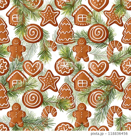 Gingerbread seamless pattern. Festive background with cookies and fir branches. Gingerbread seamless pattern. Festive background with cookies and fir branches. 118836456