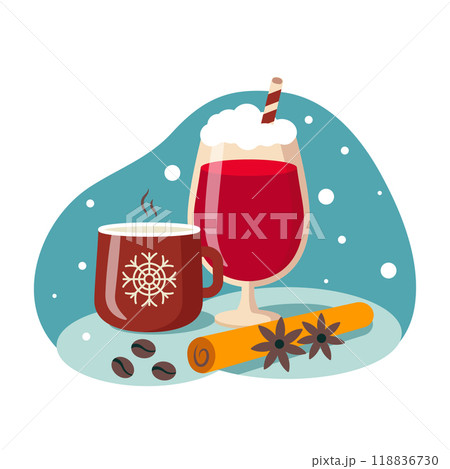 Hot Chocolate and Mulled Wine, Cozy Winter Drinks in Flat Design in a vector illustration 118836730